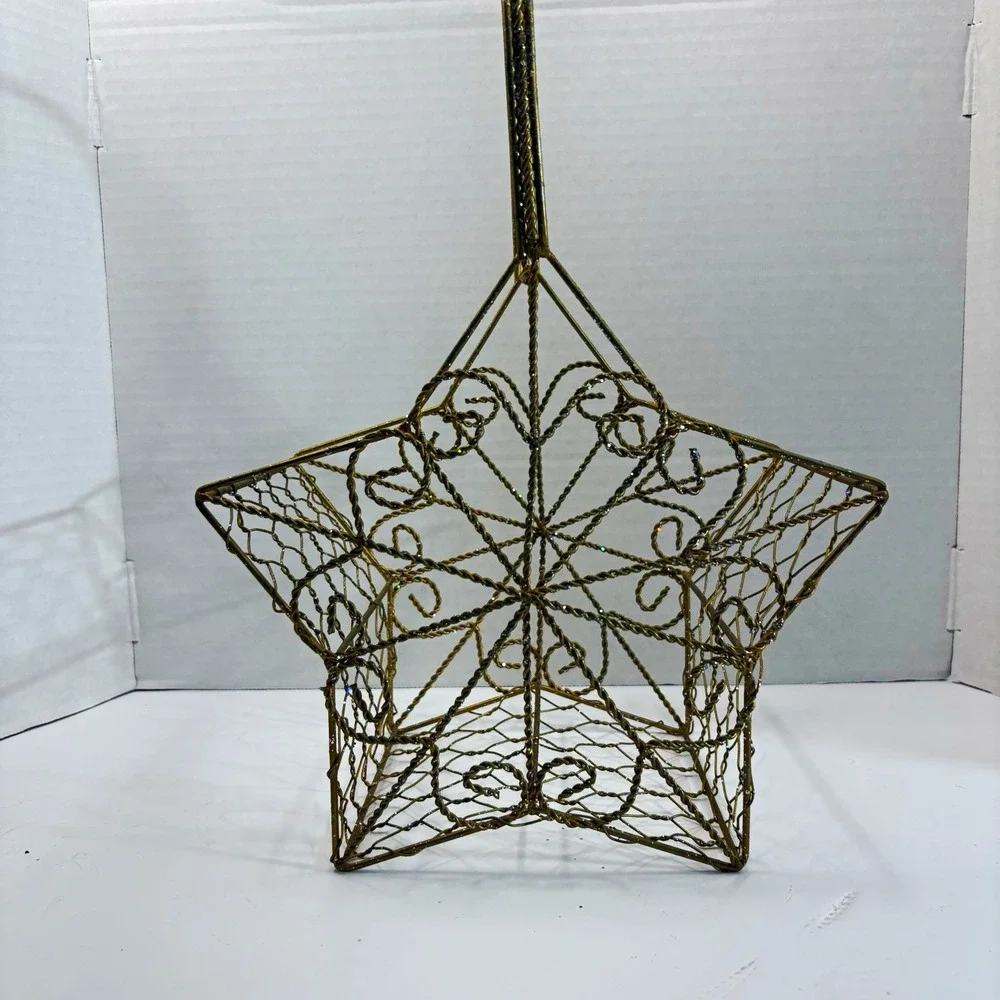 Christmas Gold Tone Glitter Metal Star Wire Basket with Handle Indoor 15in
